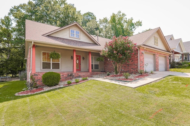 view of front of house with a porch, a garage, and a front yard