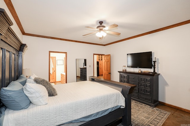 bedroom featuring ceiling fan, ornamental molding, and ensuite bath