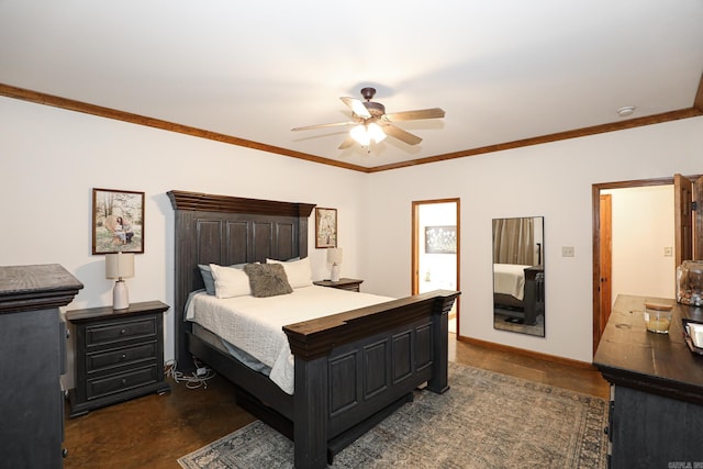 bedroom featuring ceiling fan and ornamental molding