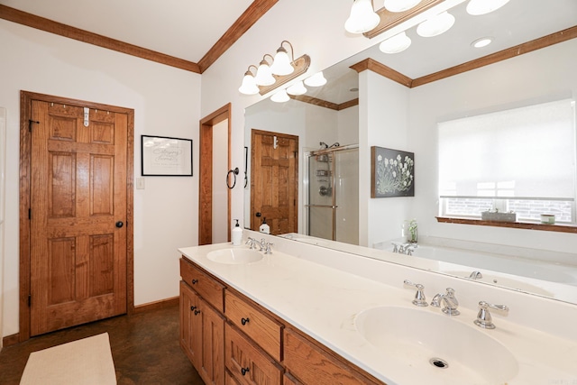 bathroom featuring vanity, crown molding, and independent shower and bath