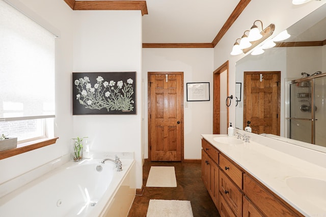 bathroom with plus walk in shower, tile patterned flooring, vanity, and ornamental molding