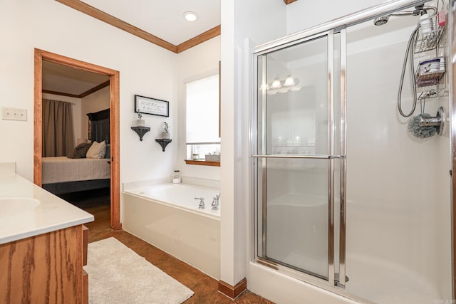 bathroom featuring tile patterned floors, plus walk in shower, crown molding, and vanity