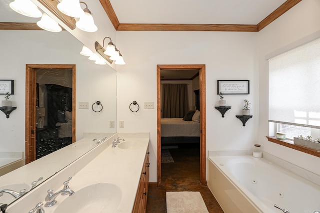 bathroom with vanity, crown molding, and a tub to relax in