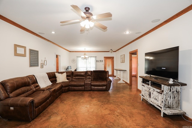 living room with crown molding and ceiling fan with notable chandelier