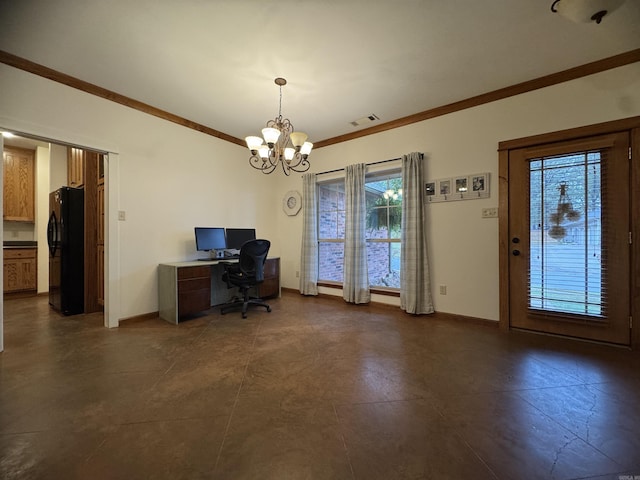 unfurnished office featuring an inviting chandelier and ornamental molding