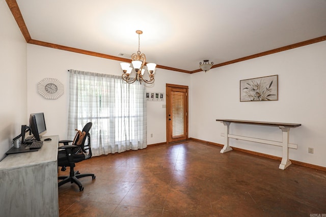 office space featuring crown molding and a chandelier