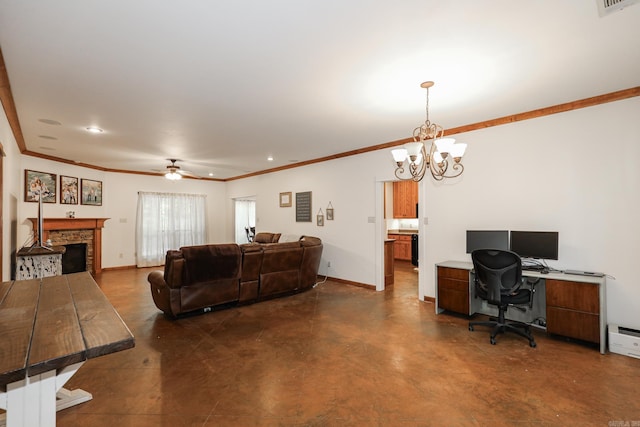 living room featuring ceiling fan with notable chandelier, crown molding, and a fireplace