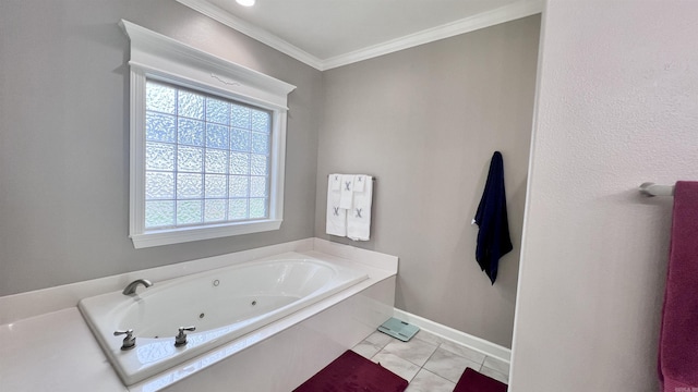 bathroom with tile patterned floors, a bathtub, and ornamental molding