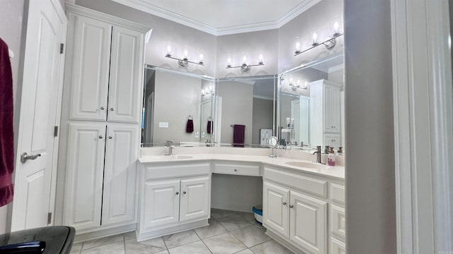 bathroom featuring tile patterned floors, vanity, and ornamental molding