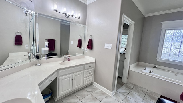 bathroom with vanity, a tub to relax in, crown molding, and a wealth of natural light