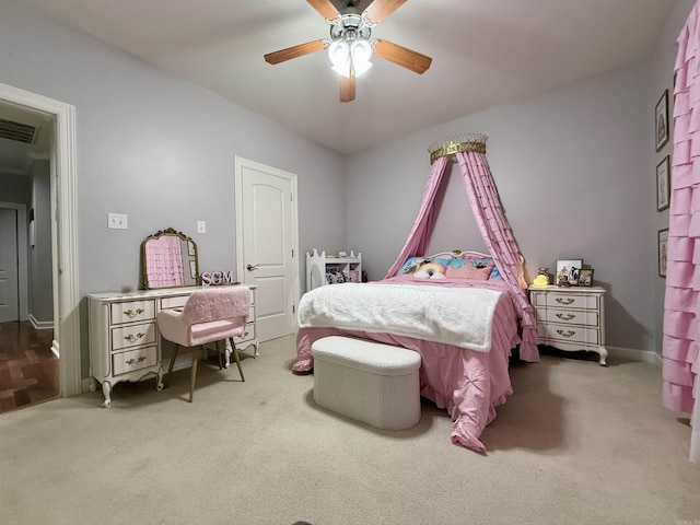 carpeted bedroom with ceiling fan