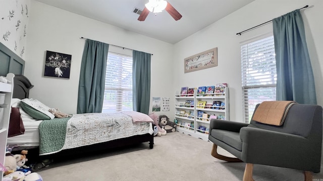 bedroom with carpet flooring and ceiling fan