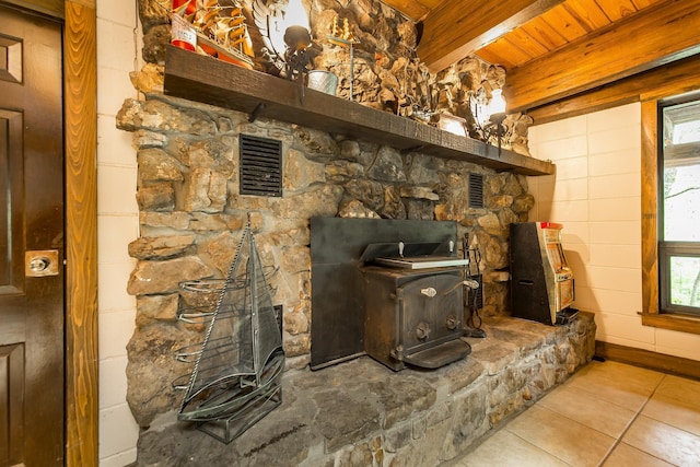 details with beamed ceiling, a wood stove, and wooden ceiling