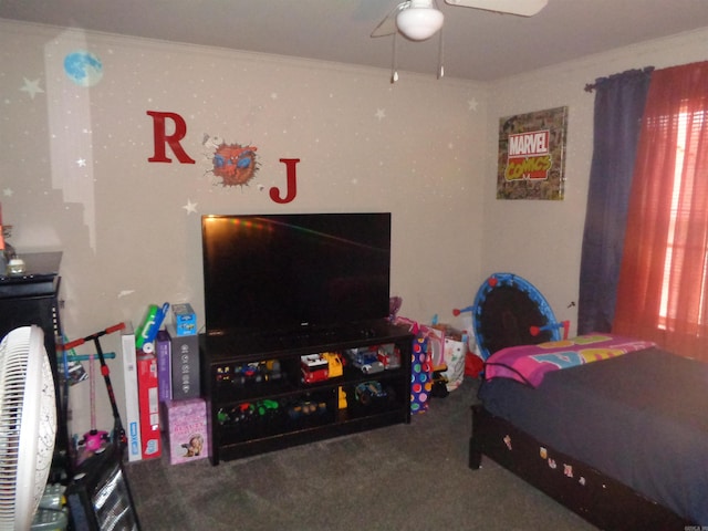 carpeted bedroom featuring ceiling fan and crown molding