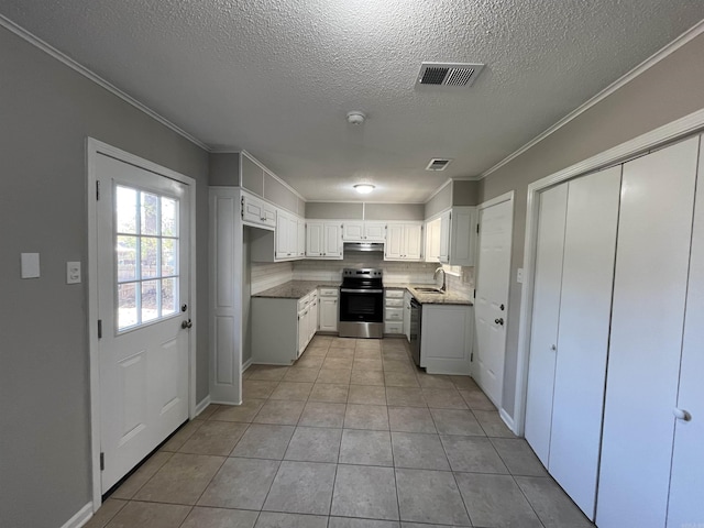 kitchen with tasteful backsplash, stainless steel range with electric stovetop, dishwashing machine, sink, and white cabinetry