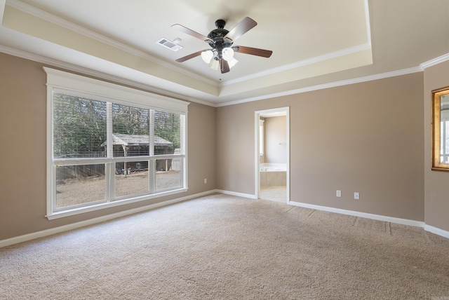 empty room featuring carpet, a raised ceiling, and ornamental molding