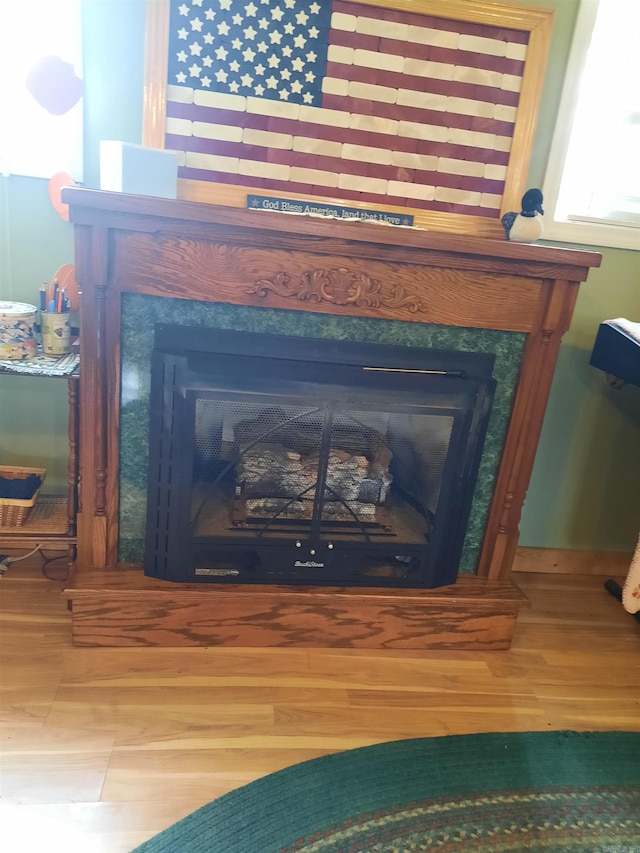 room details featuring a fireplace and wood-type flooring