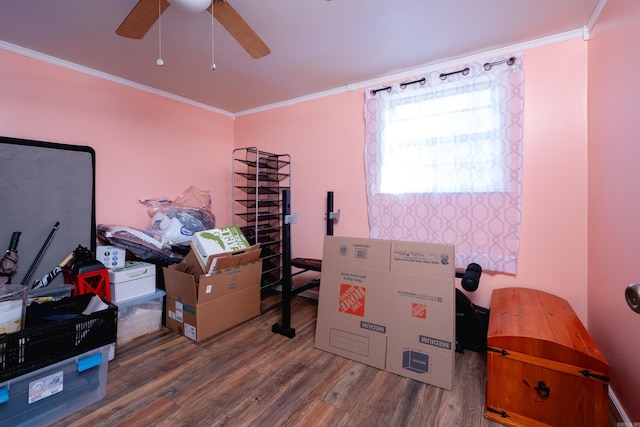 bedroom with ceiling fan, dark hardwood / wood-style floors, and crown molding