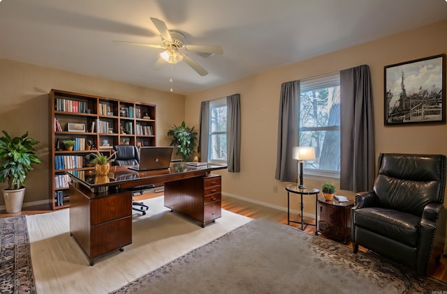 office space with a wealth of natural light, light hardwood / wood-style floors, and ceiling fan