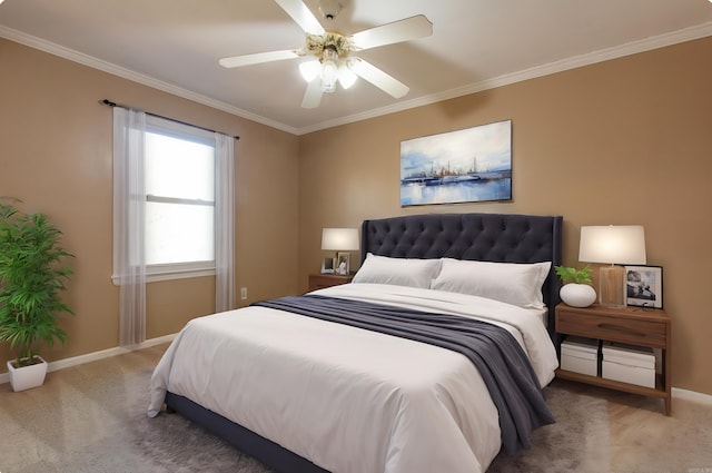 bedroom featuring carpet flooring, ceiling fan, and ornamental molding