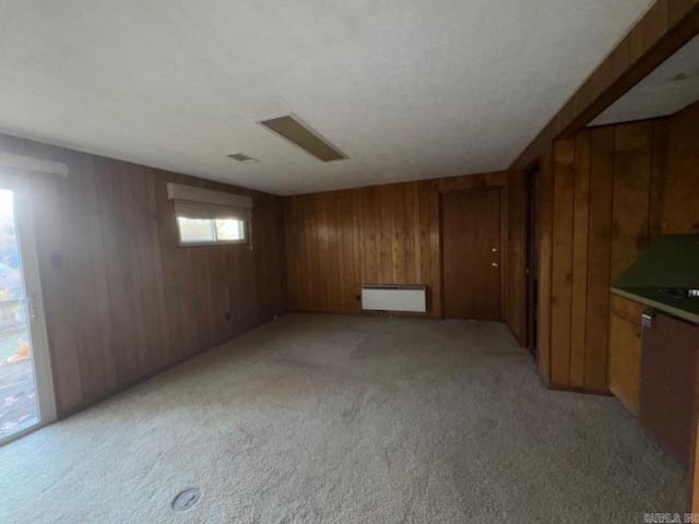 basement with light colored carpet and wooden walls