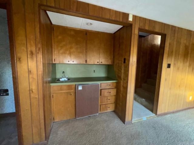 kitchen with stainless steel dishwasher, wood walls, sink, and light carpet