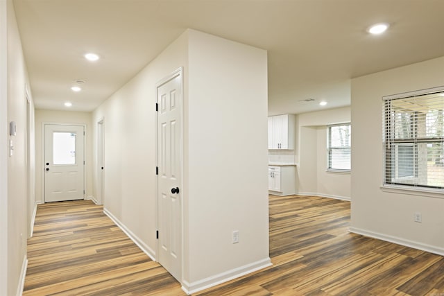 hall featuring a healthy amount of sunlight and dark wood-type flooring