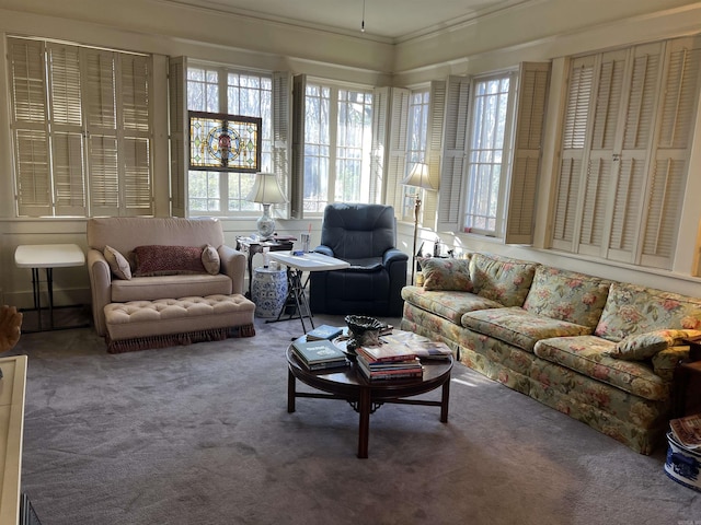 carpeted living room featuring crown molding