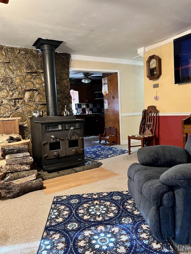 living room featuring a wood stove, carpet floors, and a textured ceiling