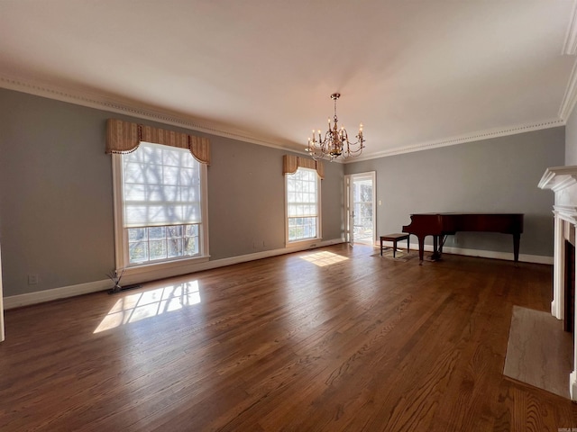 interior space featuring a notable chandelier, dark hardwood / wood-style floors, and crown molding