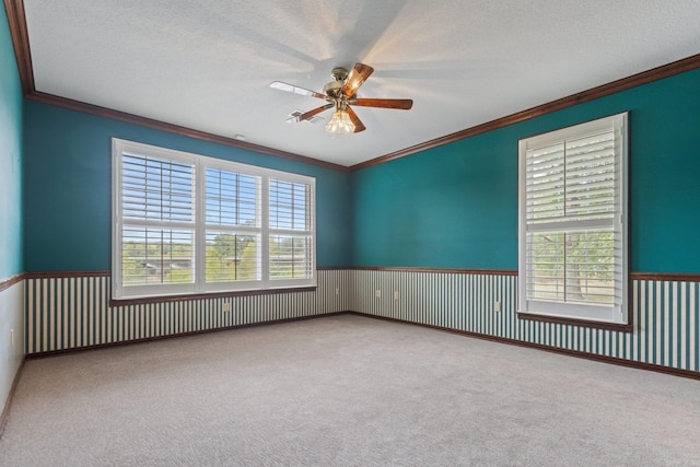 carpeted empty room with ceiling fan, a healthy amount of sunlight, a textured ceiling, and ornamental molding