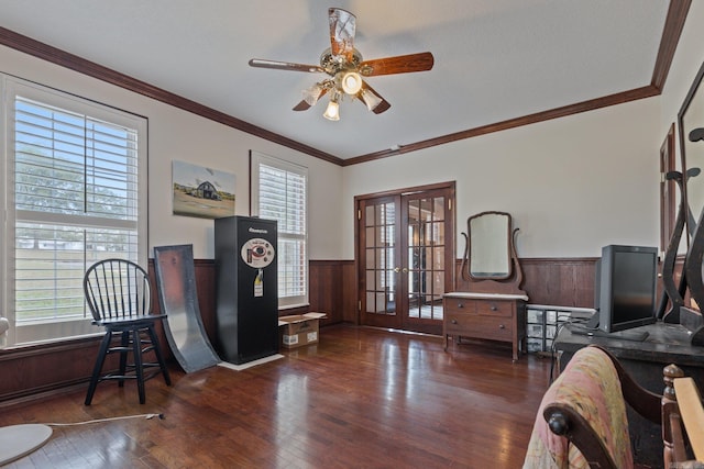 interior space featuring ceiling fan, french doors, dark hardwood / wood-style flooring, a textured ceiling, and ornamental molding