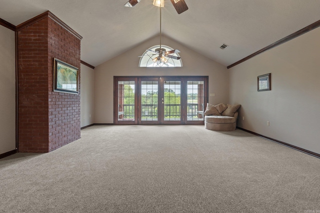 unfurnished room featuring ceiling fan, light colored carpet, and lofted ceiling