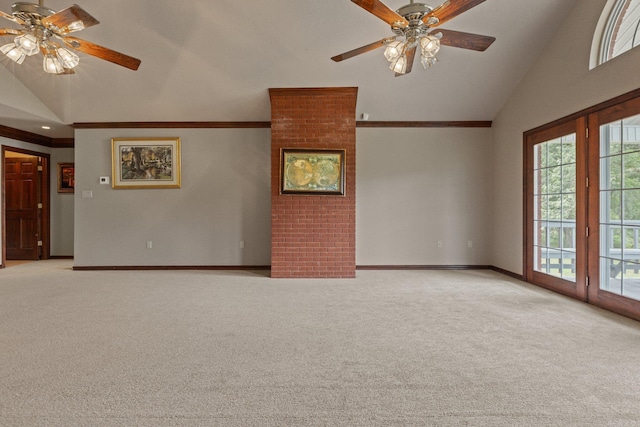 unfurnished living room featuring ceiling fan, light colored carpet, and lofted ceiling