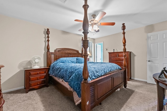 bedroom featuring ceiling fan and light colored carpet