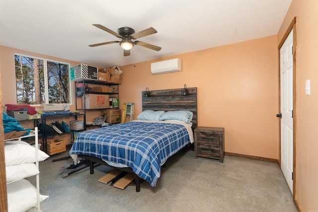 bedroom featuring a wall unit AC and ceiling fan