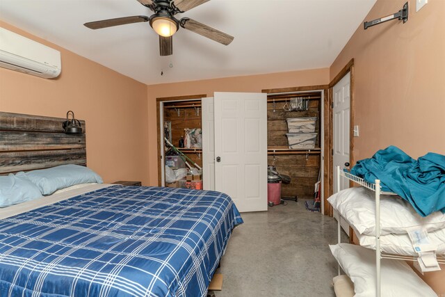 bedroom with ceiling fan and a wall mounted AC