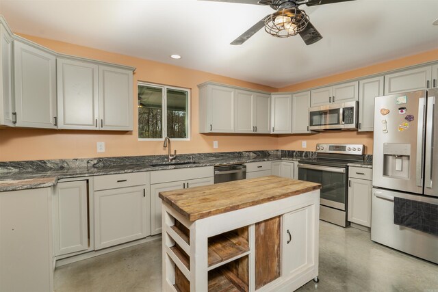 kitchen featuring wood counters, stainless steel appliances, ceiling fan, sink, and gray cabinets