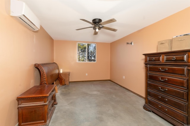 sitting room featuring a wall mounted air conditioner, ceiling fan, and light carpet