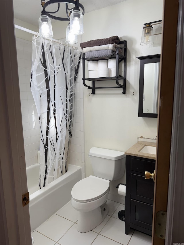 full bathroom featuring toilet, vanity, tile patterned floors, and shower / bathtub combination with curtain