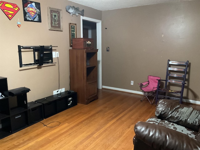 living room featuring hardwood / wood-style floors and a textured ceiling