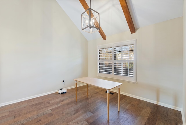 unfurnished office with dark wood-type flooring, lofted ceiling with beams, and a notable chandelier