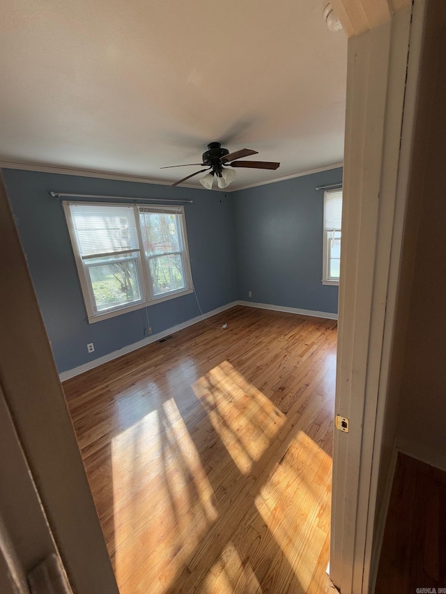 unfurnished room with light hardwood / wood-style flooring, ceiling fan, and crown molding