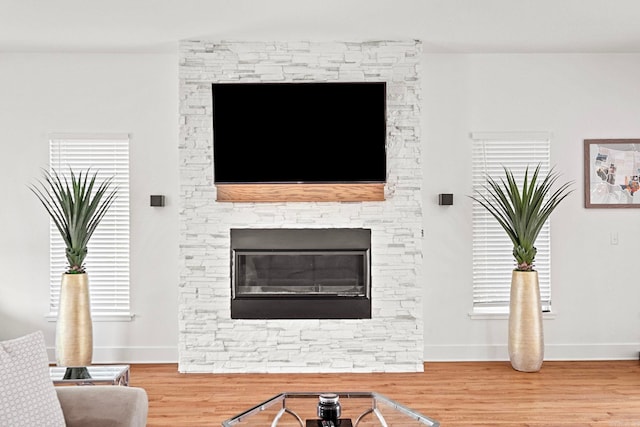 room details featuring wood-type flooring and a stone fireplace