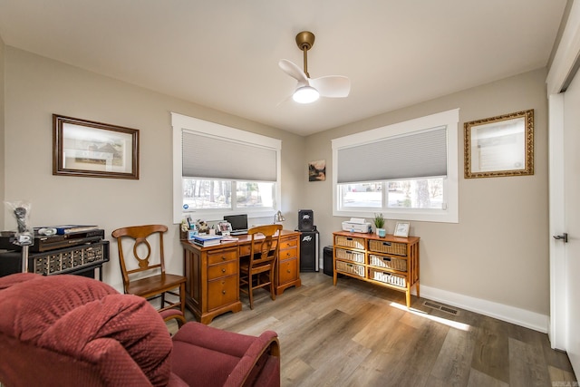 home office with hardwood / wood-style flooring