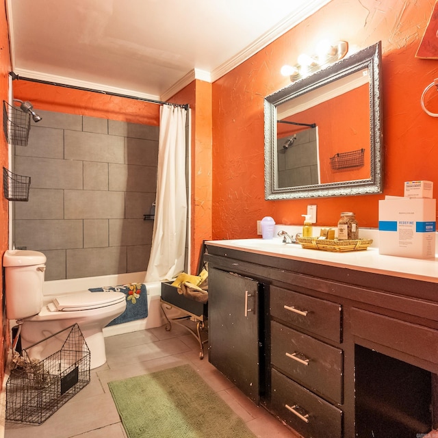 full bathroom featuring vanity, tile patterned floors, crown molding, toilet, and shower / tub combo