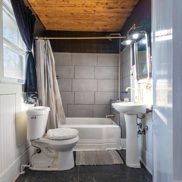 bathroom featuring toilet, wooden ceiling, and shower / tub combo with curtain