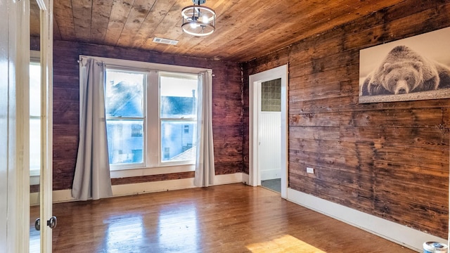 unfurnished room with hardwood / wood-style flooring, wooden ceiling, and wooden walls