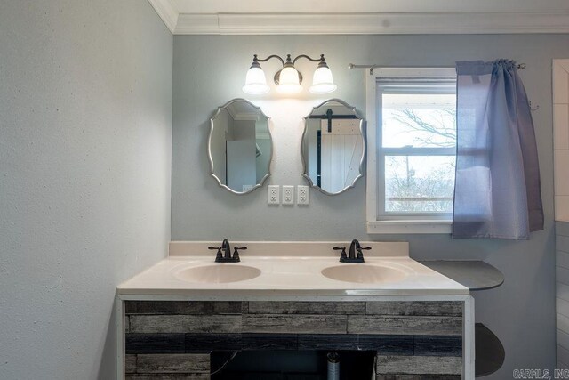 bathroom featuring double vanity, crown molding, and a sink