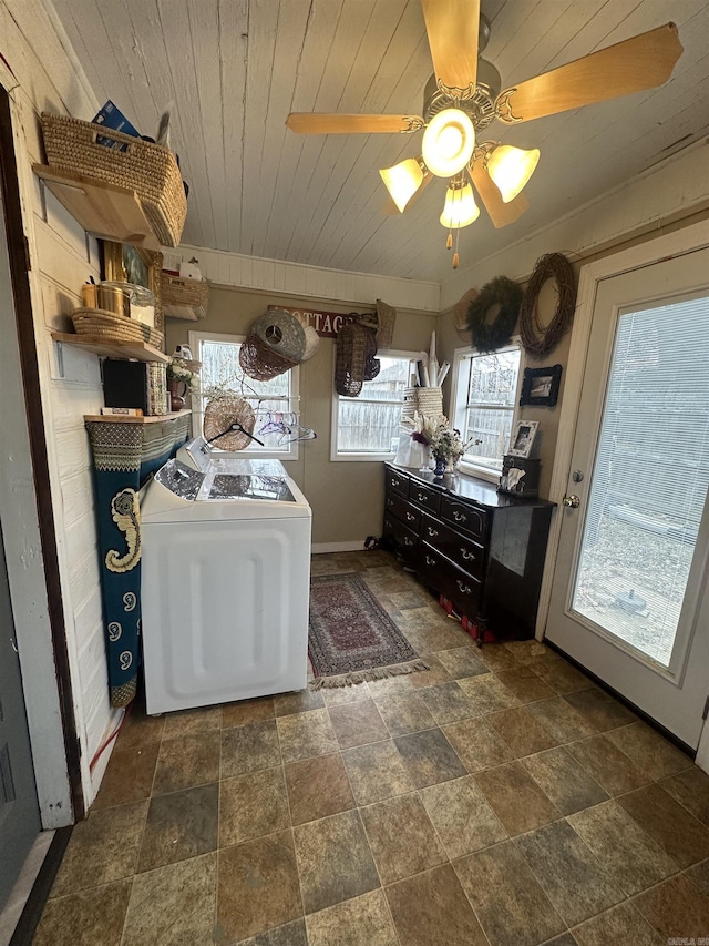 laundry room featuring wooden ceiling, washing machine and clothes dryer, and ceiling fan